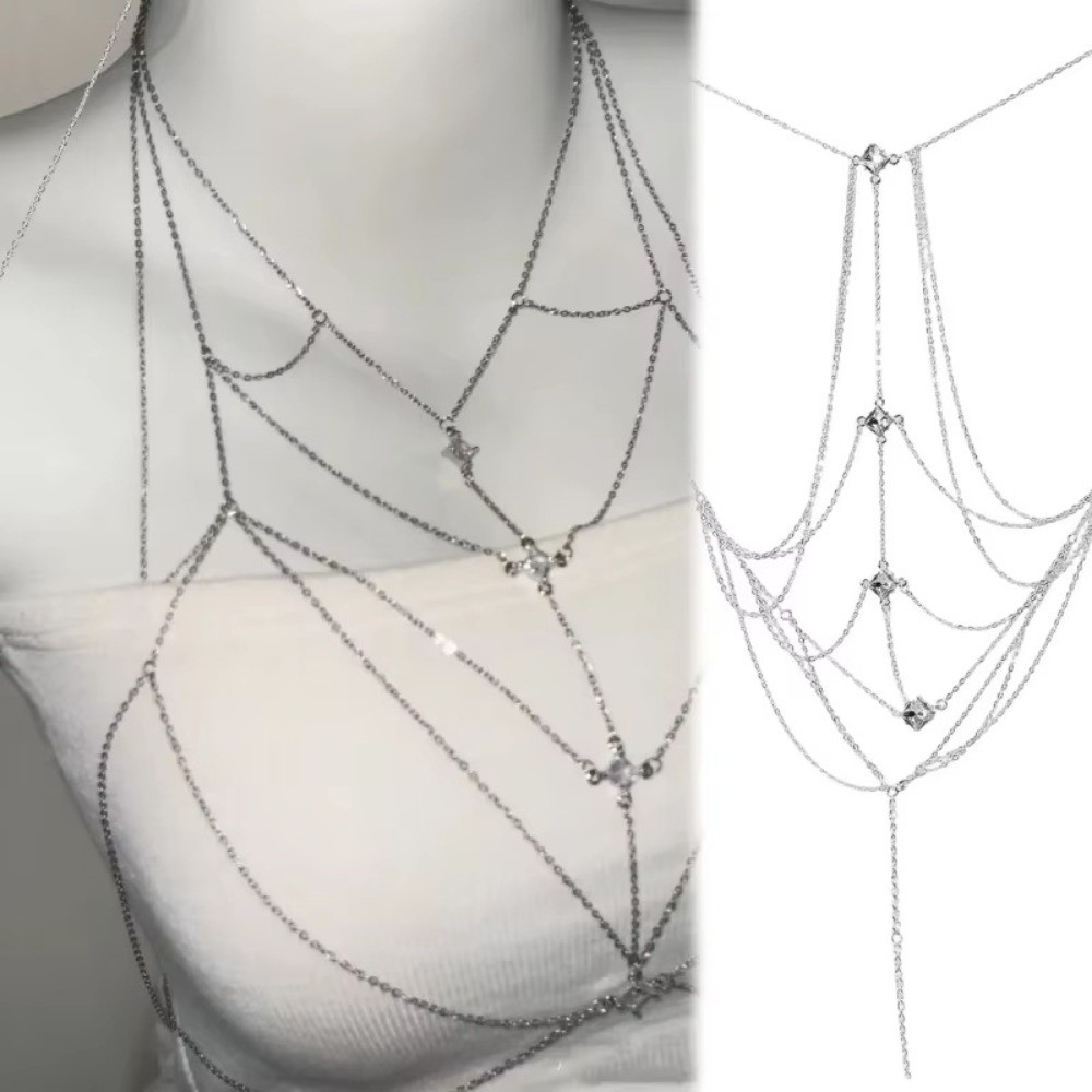 Body Jewelry Art - Glitzernde Strass-Brustkette, mehrlagig, luxuriöse Bikini-Brustkette, einzigartiger