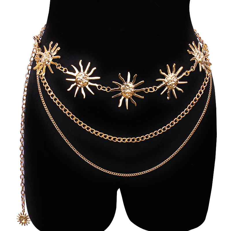 Body Jewelry Waist - Klobige mehrschichtige Punk-Gothic-Mond-Sonnen-Taillenkette, Metall-Taillengürtel für Frauen,